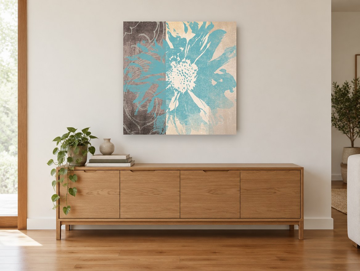 Teal Bloom Divide floral canvas print on the wall of a living room above a sideboard
