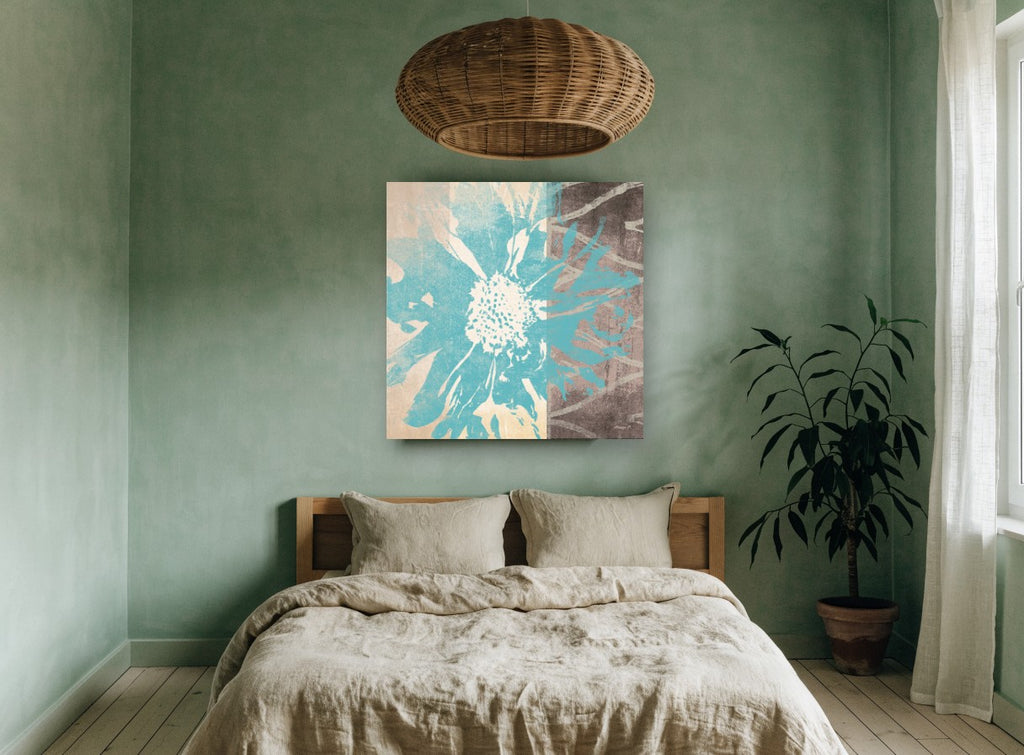 Teal Bloom Split floral canvas print on the wall of a bedroom