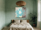 Teal Bloom Split floral canvas print on the wall of a bedroom