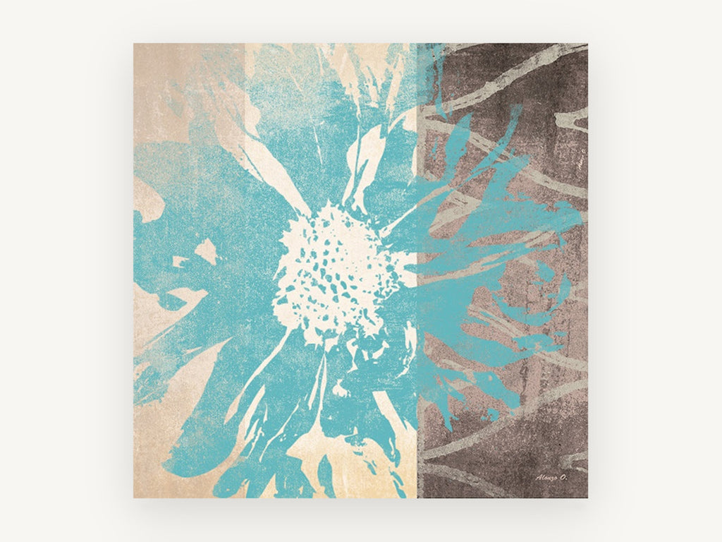 Teal Bloom Split, floral canvas wall art print, front view