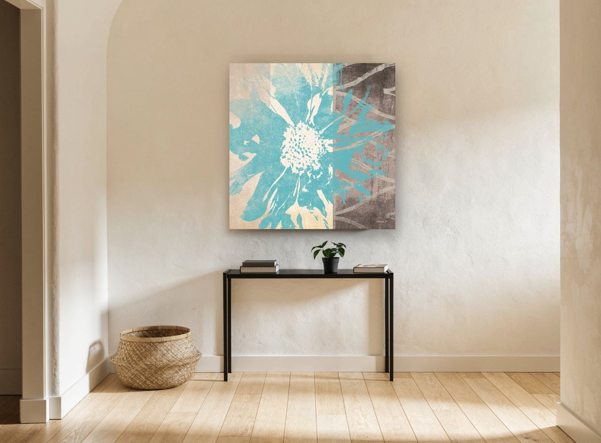 Teal Bloom Split floral canvas print on the wall of a hallway