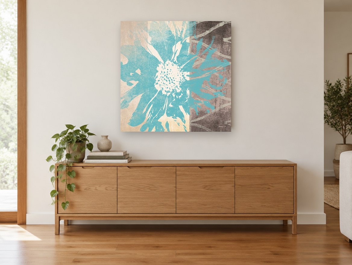 Teal Bloom Split floral canvas print on the wall of a living room above a sideboard