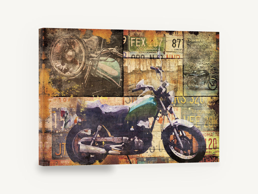 Plated Motorbike Collage, vintage motorcycle number plate collage, stretched canvas wall art print ready to hang