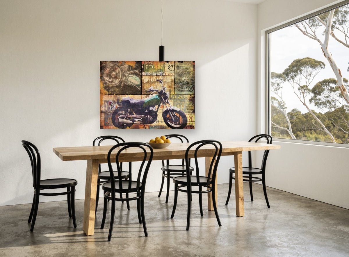 Plated Motorbike Collage vintage canvas print on the wall of a dining room