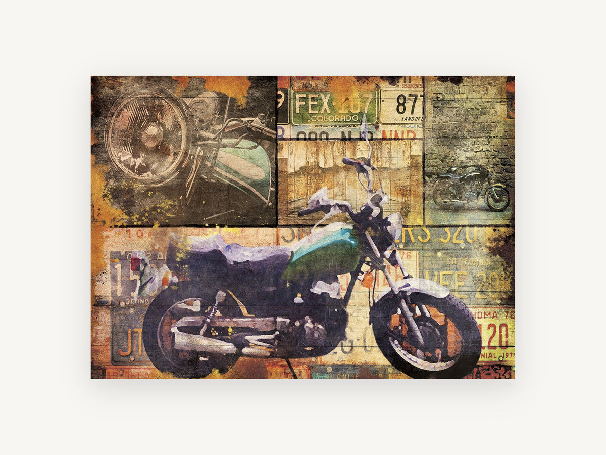 Plated Motorbike Collage, vintage canvas wall art print, front view