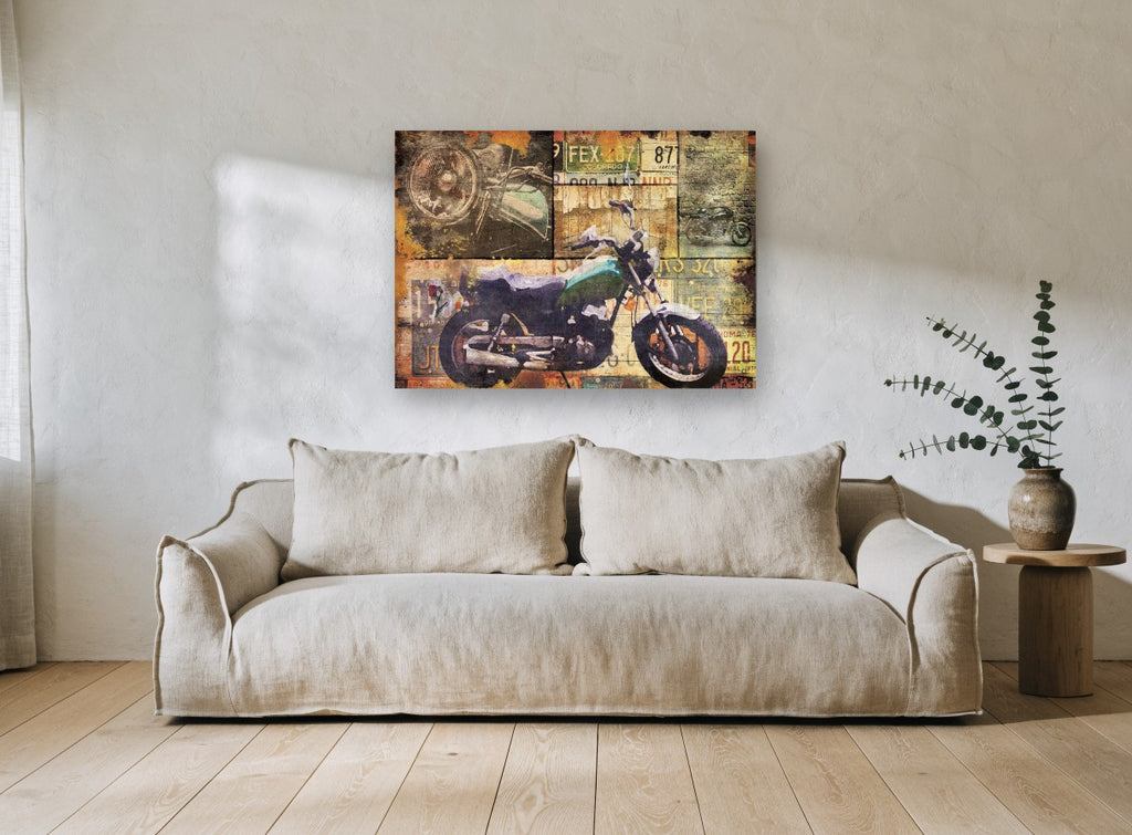Plated Motorbike Collage vintage canvas print on the wall of a living room