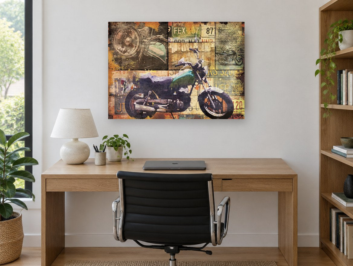Plated Motorbike Collage vintage canvas print on the wall of a study