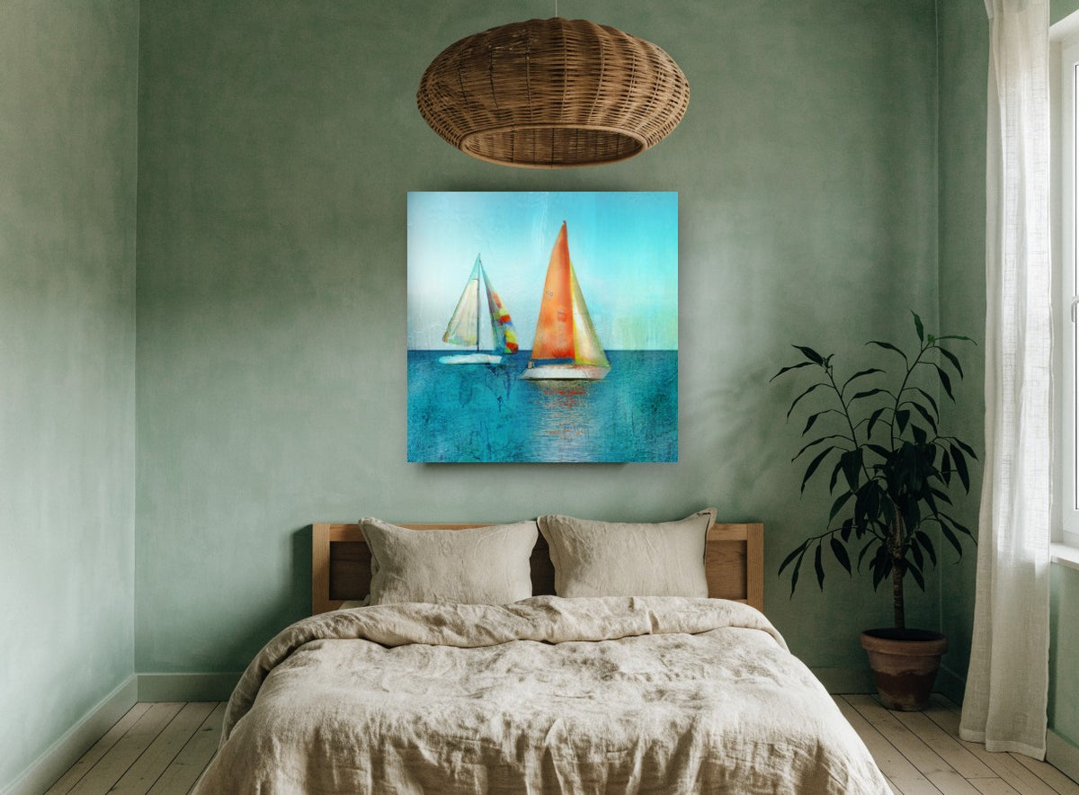 Two Sails at Noon coastal canvas print on the wall of a bedroom