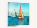 Two Sails at Noon, orange sailboats textured turquoise seascape, coastal canvas wall art print ready to hang