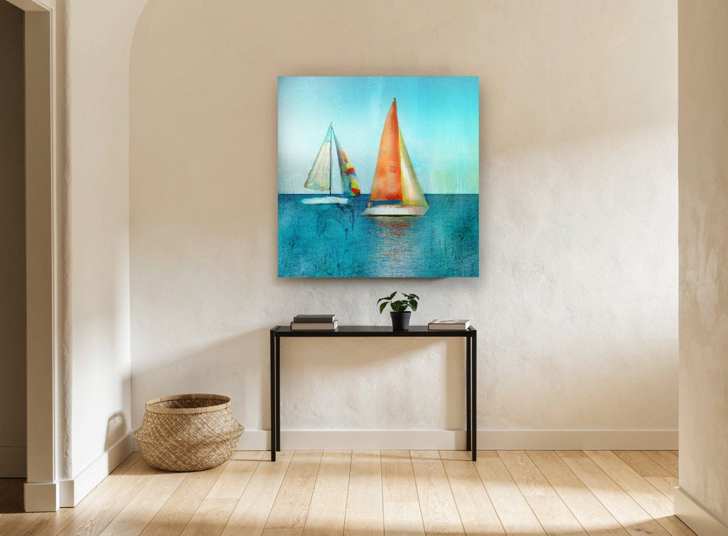 Two Sails at Noon coastal canvas print on the wall of a hallway