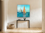 Two Sails at Noon coastal canvas print on the wall of a hallway