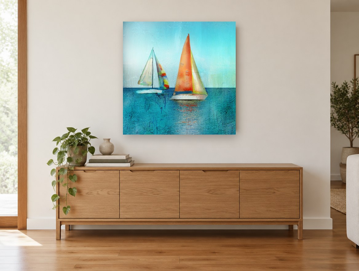 Two Sails at Noon coastal canvas print on the wall of a living room above a sideboard