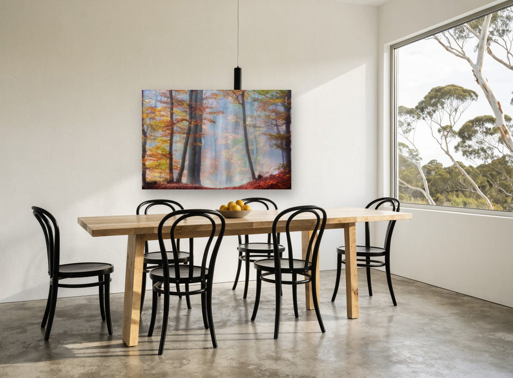 Amber Beech Haze landscape canvas print on the wall of a dining room
