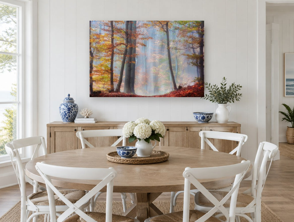 Amber Beech Haze landscape canvas print on the wall of a Hamptons dining room