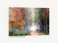 Autumn Lane Glow, misty autumn tree lined path photograph, landscape canvas wall art print ready to hang