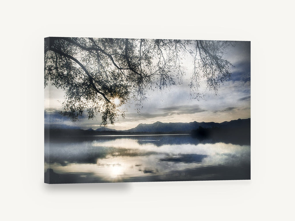 Silver Lake Branches, misty lake sunset tree photograph, landscape canvas wall art print ready to hang