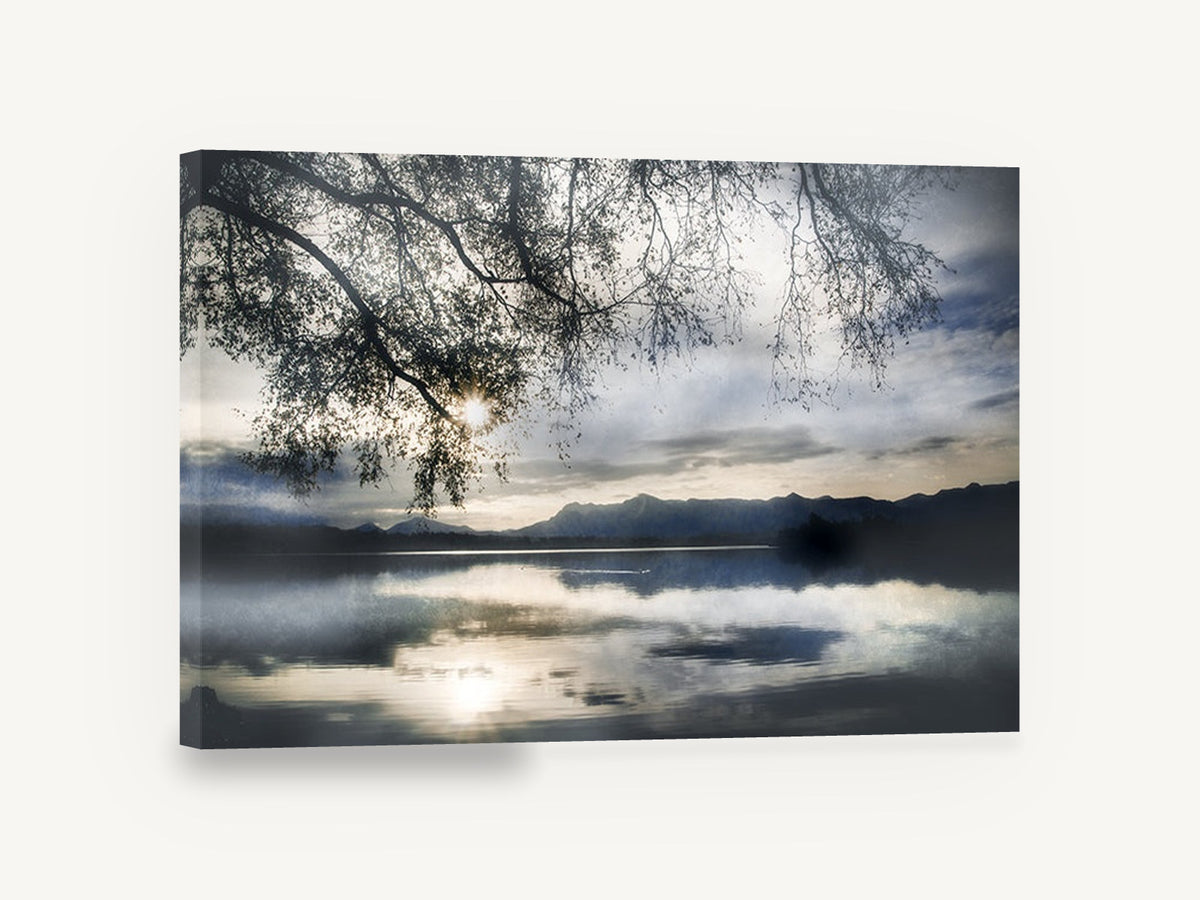Silver Lake Branches, misty lake sunset tree photograph, landscape canvas wall art print ready to hang
