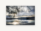 Silver Lake Branches, misty lake sunset tree photograph, landscape canvas wall art print, front view