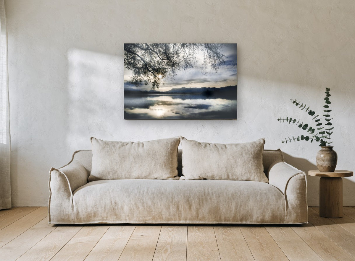 Silver Lake Branches landscape canvas print on the wall of a living room