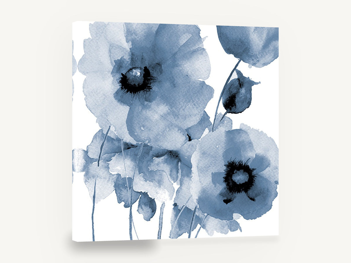Indigo Poppy Wash, blue poppy watercolour floral, floral canvas wall art print ready to hang