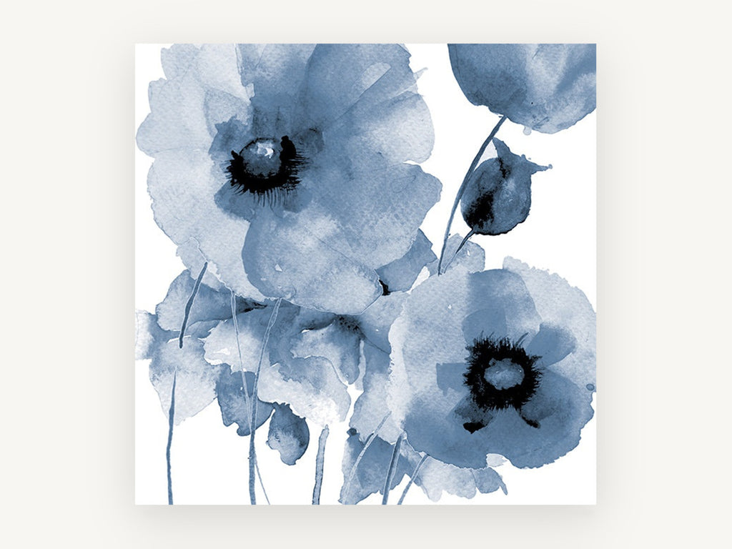 Indigo Poppy Wash, floral canvas wall art print, front view