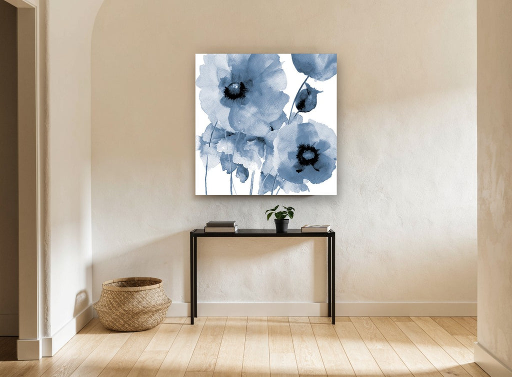 Indigo Poppy Wash floral canvas print on the wall of a hallway