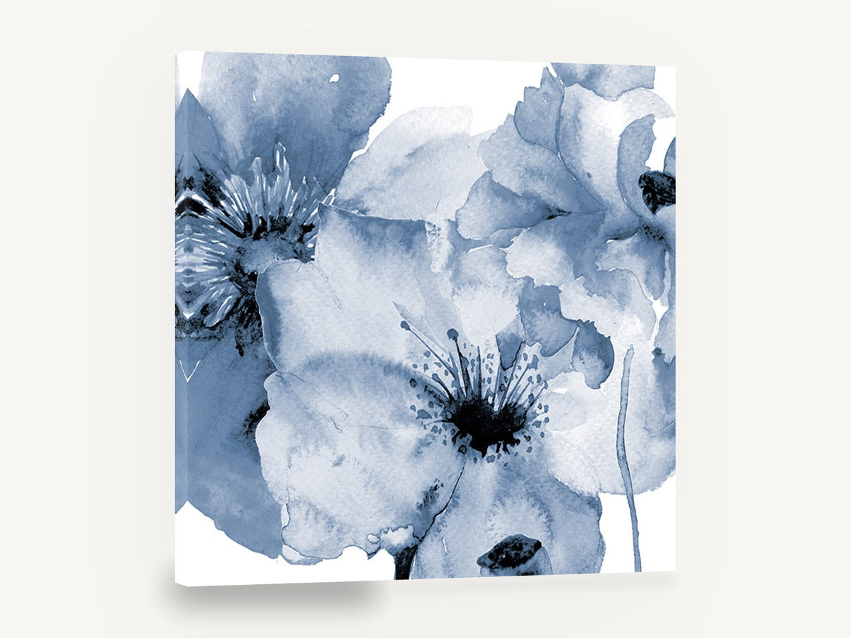 Indigo Poppy Wash, blue poppy flowers watercolour floral, floral canvas wall art print ready to hang