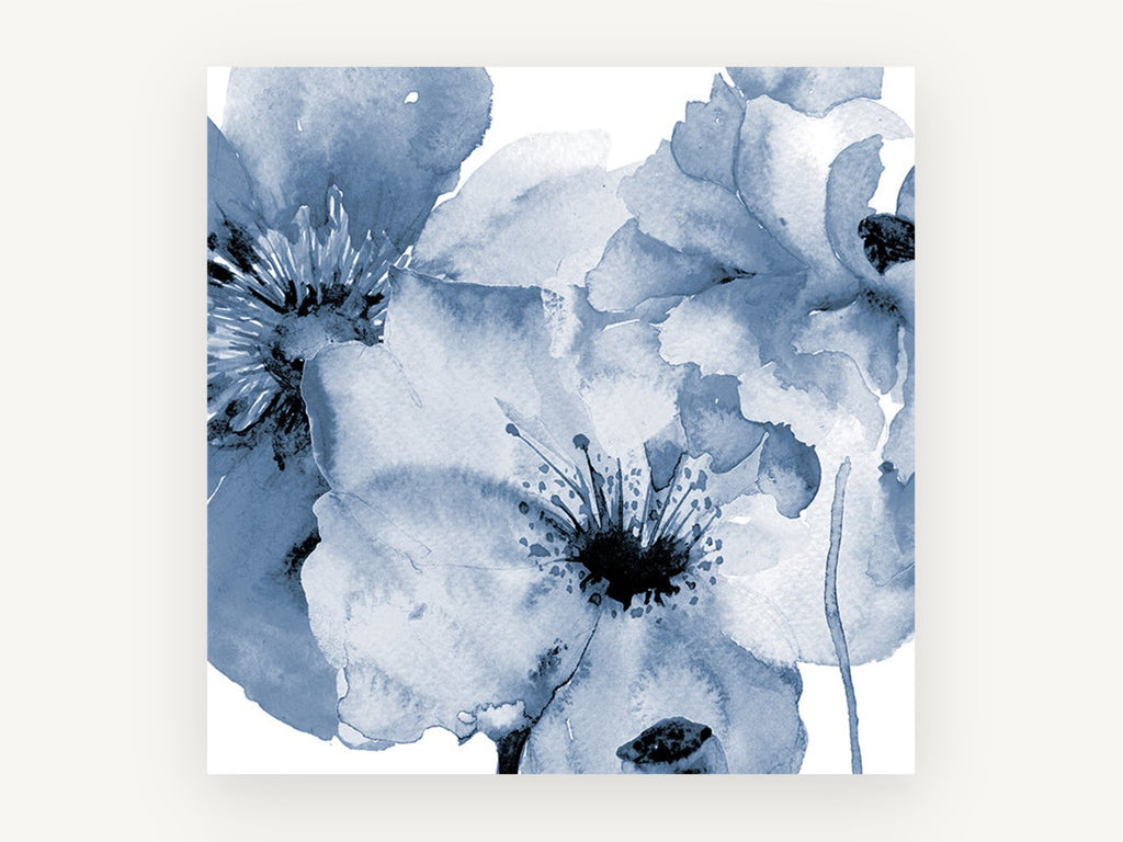 Indigo Poppy Wash, floral canvas wall art print, front view
