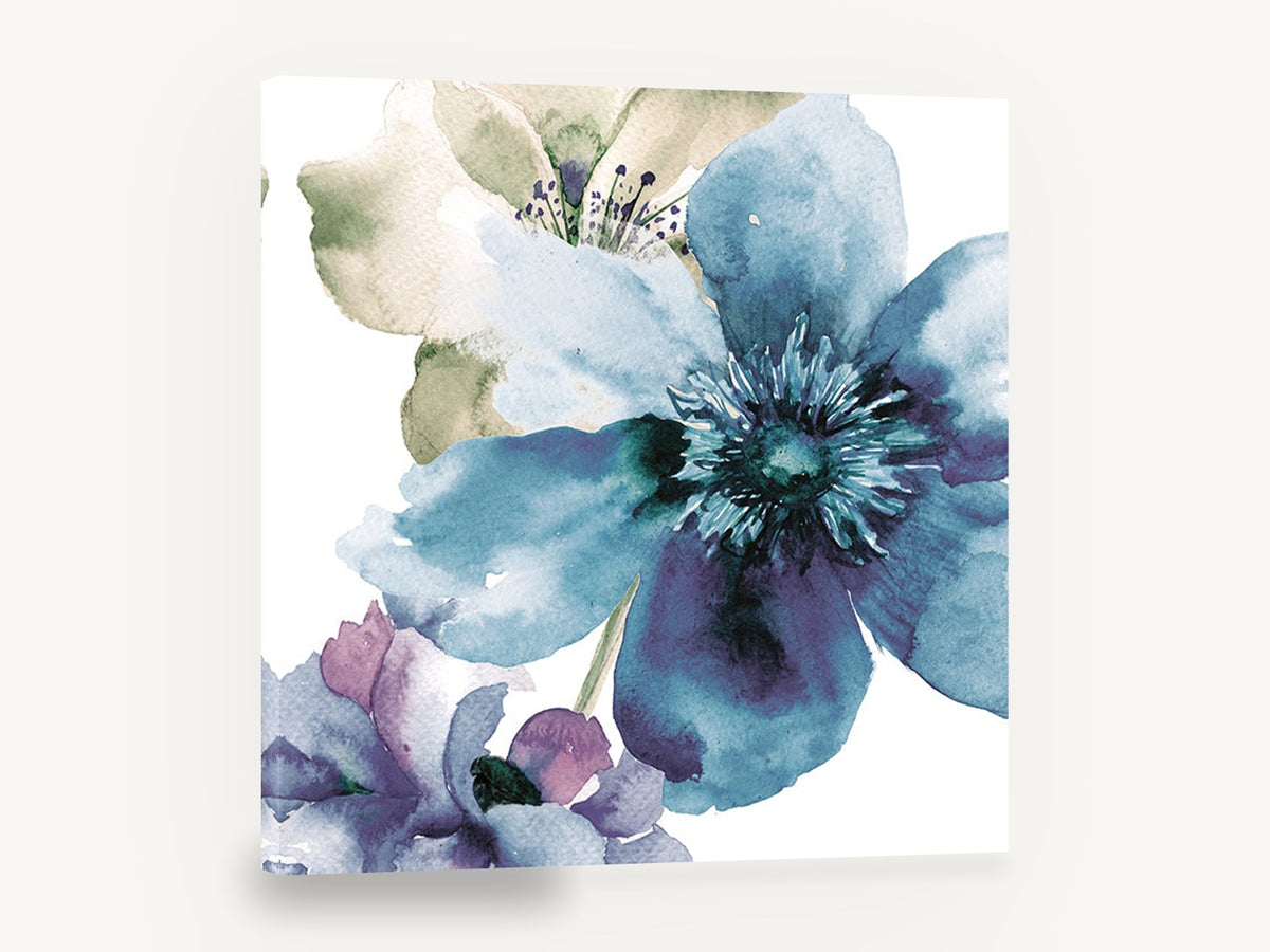 Teal Bloom Wash, blue watercolour flowers on white, floral canvas wall art print ready to hang