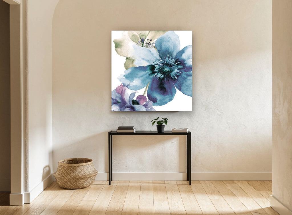 Teal Bloom Wash floral canvas print on the wall of a hallway