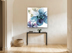 Teal Bloom Wash floral canvas print on the wall of a hallway