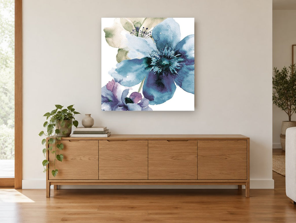 Teal Bloom Wash floral canvas print on the wall of a living room above a sideboard