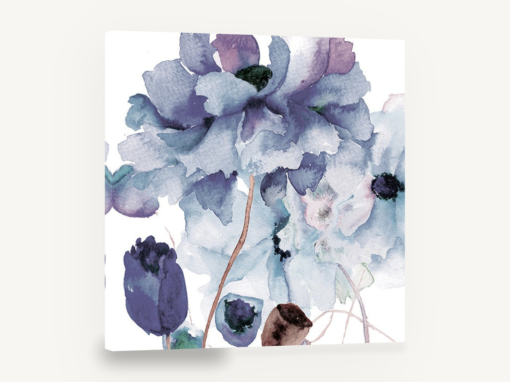 Blue Peony Haze, blue purple watercolour flowers botanical, floral canvas wall art print ready to hang