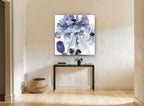 Blue Peony Haze floral canvas print on the wall of a hallway