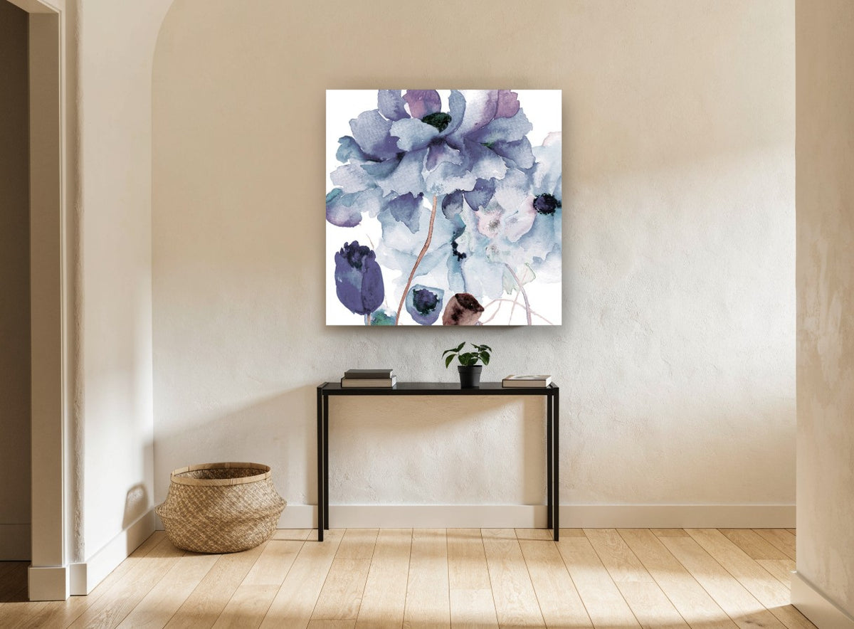 Blue Peony Haze floral canvas print on the wall of a hallway