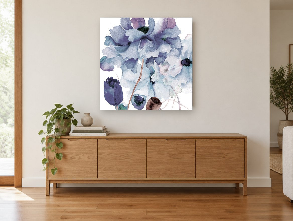 Blue Peony Haze floral canvas print on the wall of a living room above a sideboard