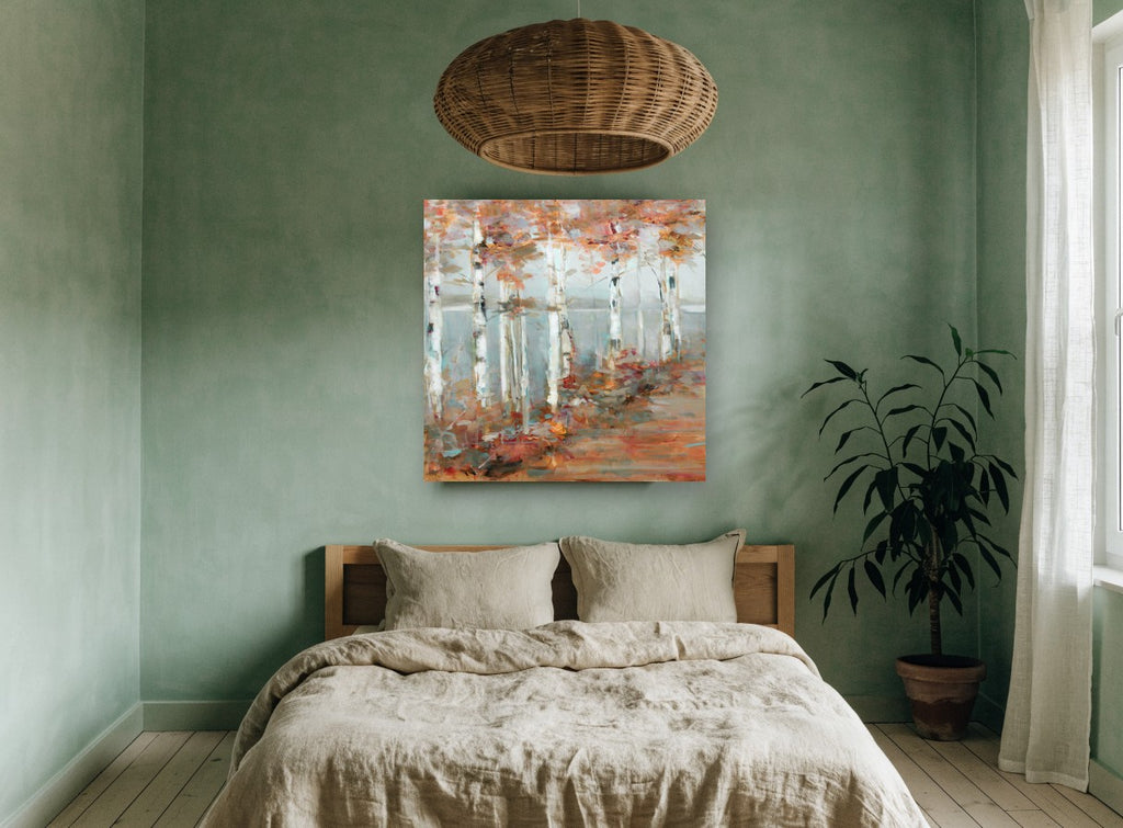 Birch Lake Walk landscape canvas print on the wall of a bedroom