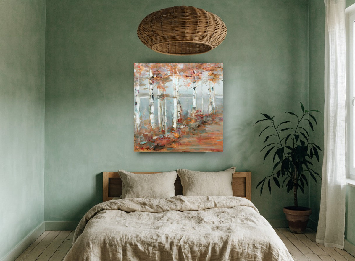 Birch Lake Walk landscape canvas print on the wall of a bedroom
