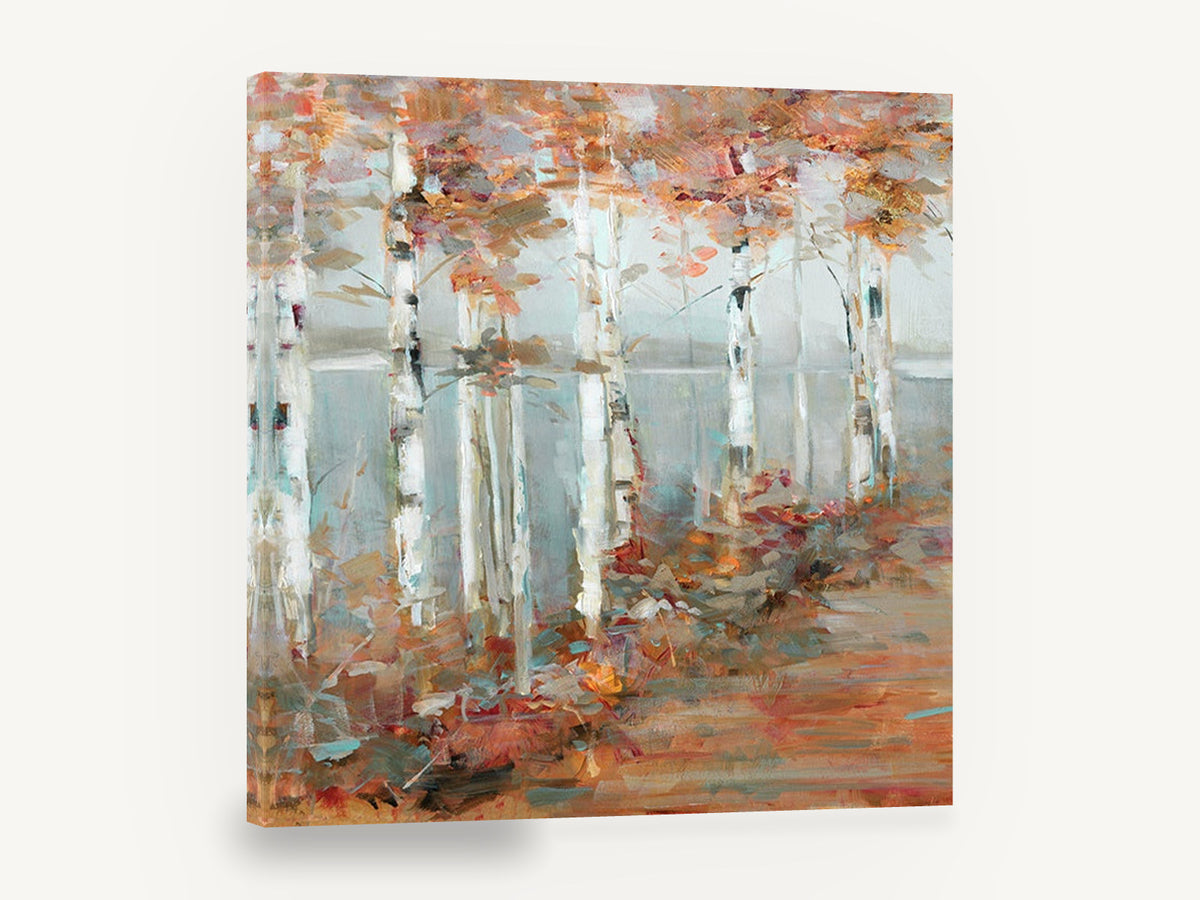 Birch Lake Walk, autumn birch trees lake painting, landscape canvas wall art print ready to hang