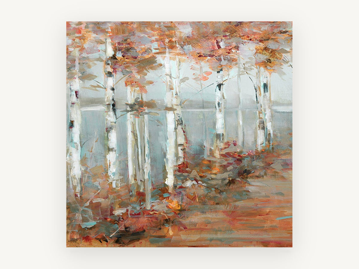 Birch Lake Walk, autumn birch trees lake painting, landscape canvas wall art print, front view