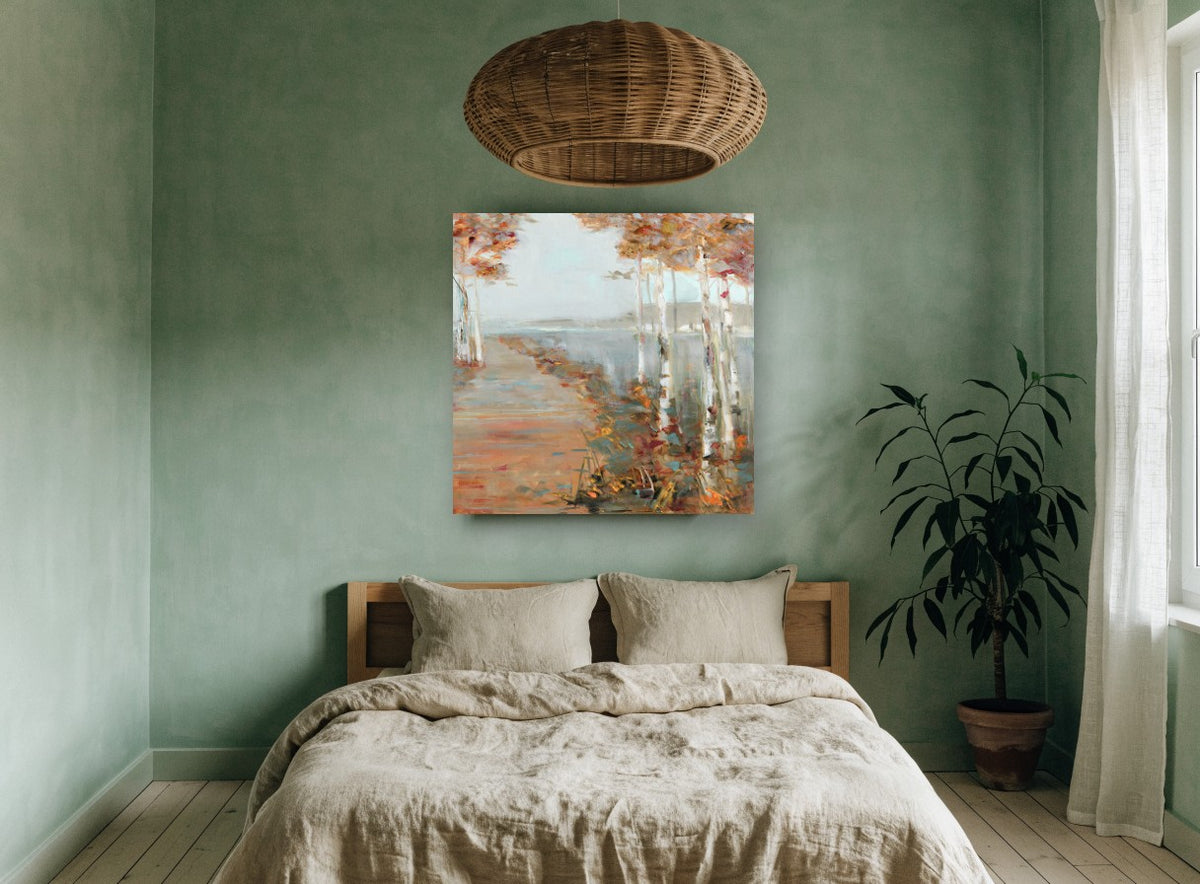 Birch Path Haze landscape canvas print on the wall of a bedroom