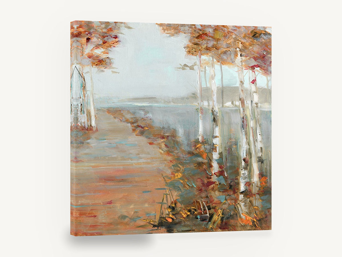 Birch Path Haze, autumn birch path lake painting, landscape canvas wall art print ready to hang