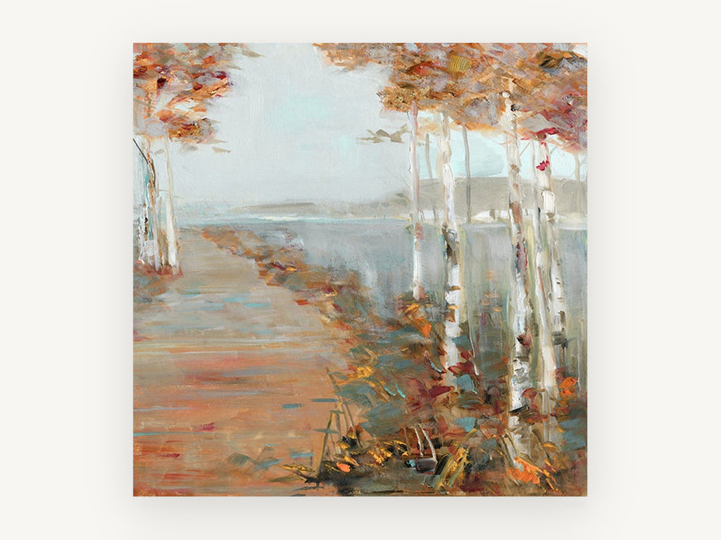 Birch Path Haze, autumn birch path lake painting, landscape canvas wall art print, front view