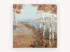 Birch Path Haze, autumn birch path lake painting, landscape canvas wall art print, front view