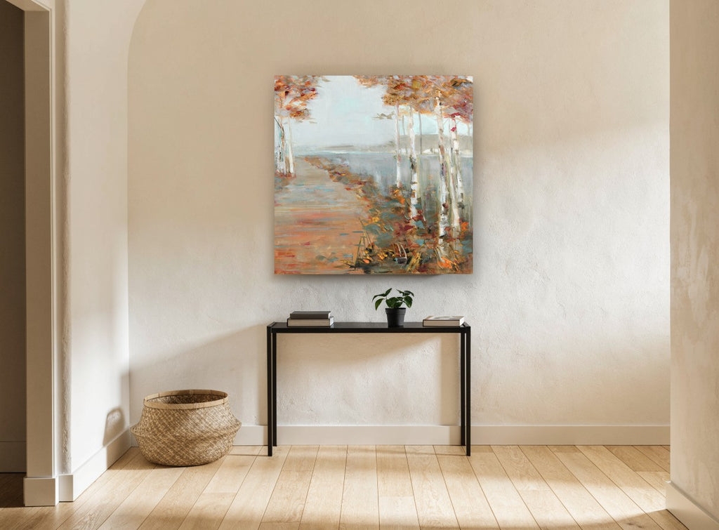 Birch Path Haze landscape canvas print on the wall of a hallway