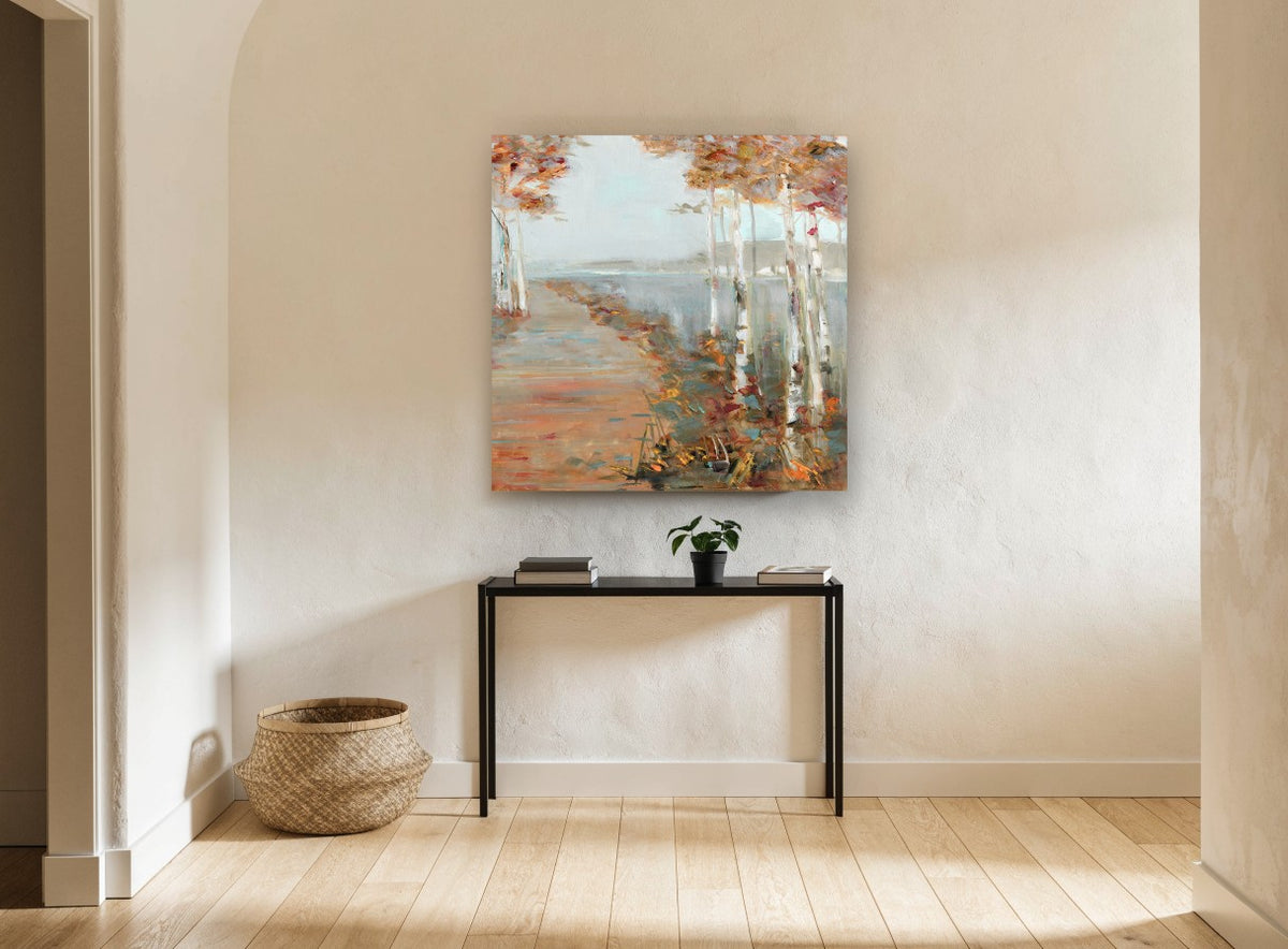 Birch Path Haze landscape canvas print on the wall of a hallway