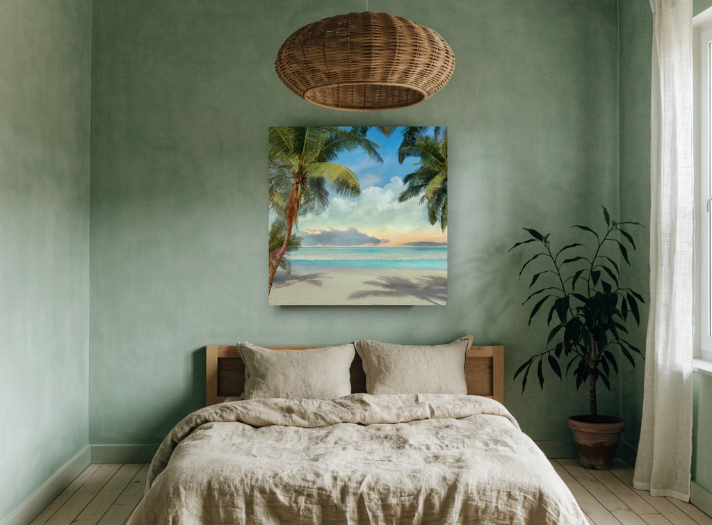 Palm Shade Cove coastal canvas print on the wall of a bedroom