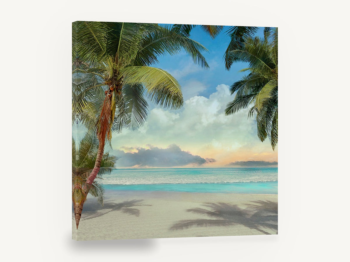 Palm Shade Cove, tropical beach palm trees seascape, coastal canvas wall art print ready to hang