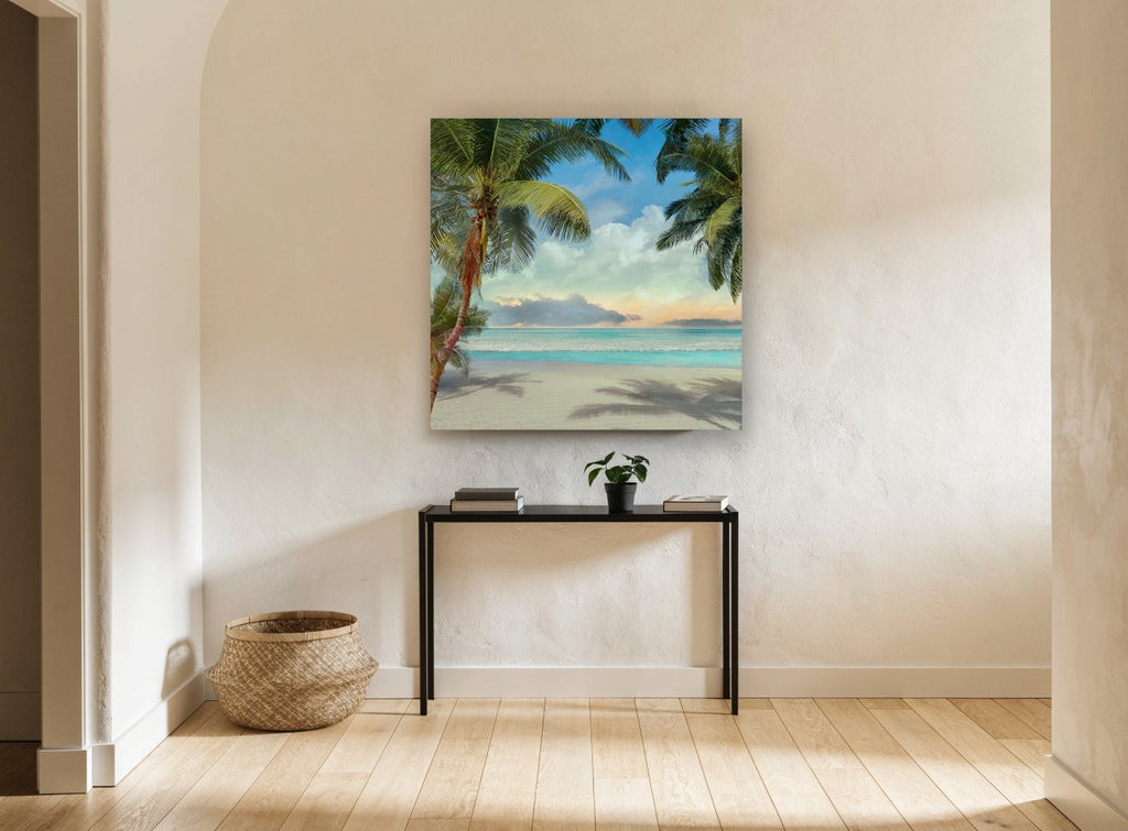 Palm Shade Cove coastal canvas print on the wall of a hallway