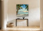 Palm Shade Cove coastal canvas print on the wall of a hallway
